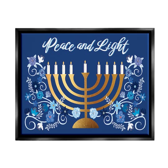 Stupell Industries Peace & Light Floral Hanukkah Menorah Framed Floater Canvas Wall Art